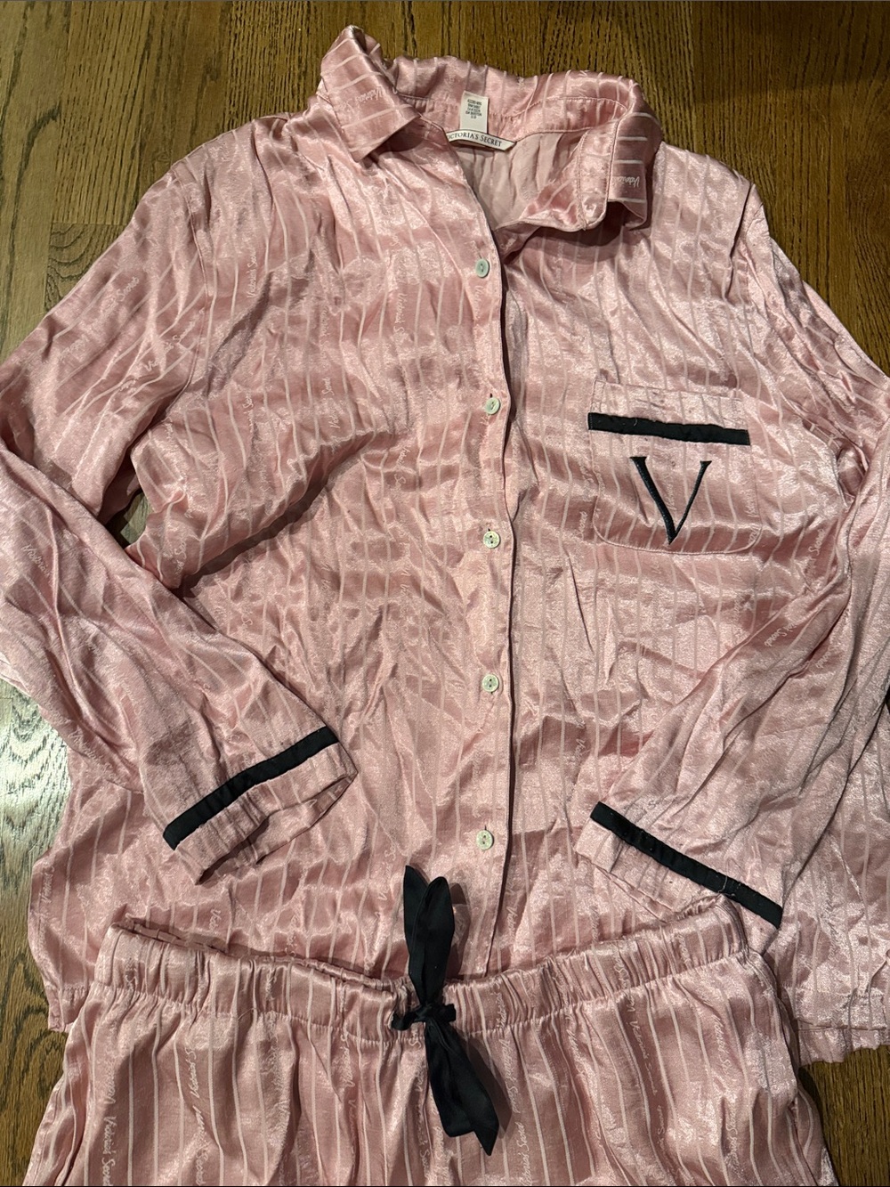 Victoria’s Secret Women’s Pink Satin Button-Up pj set Black Trim - V Monogram L